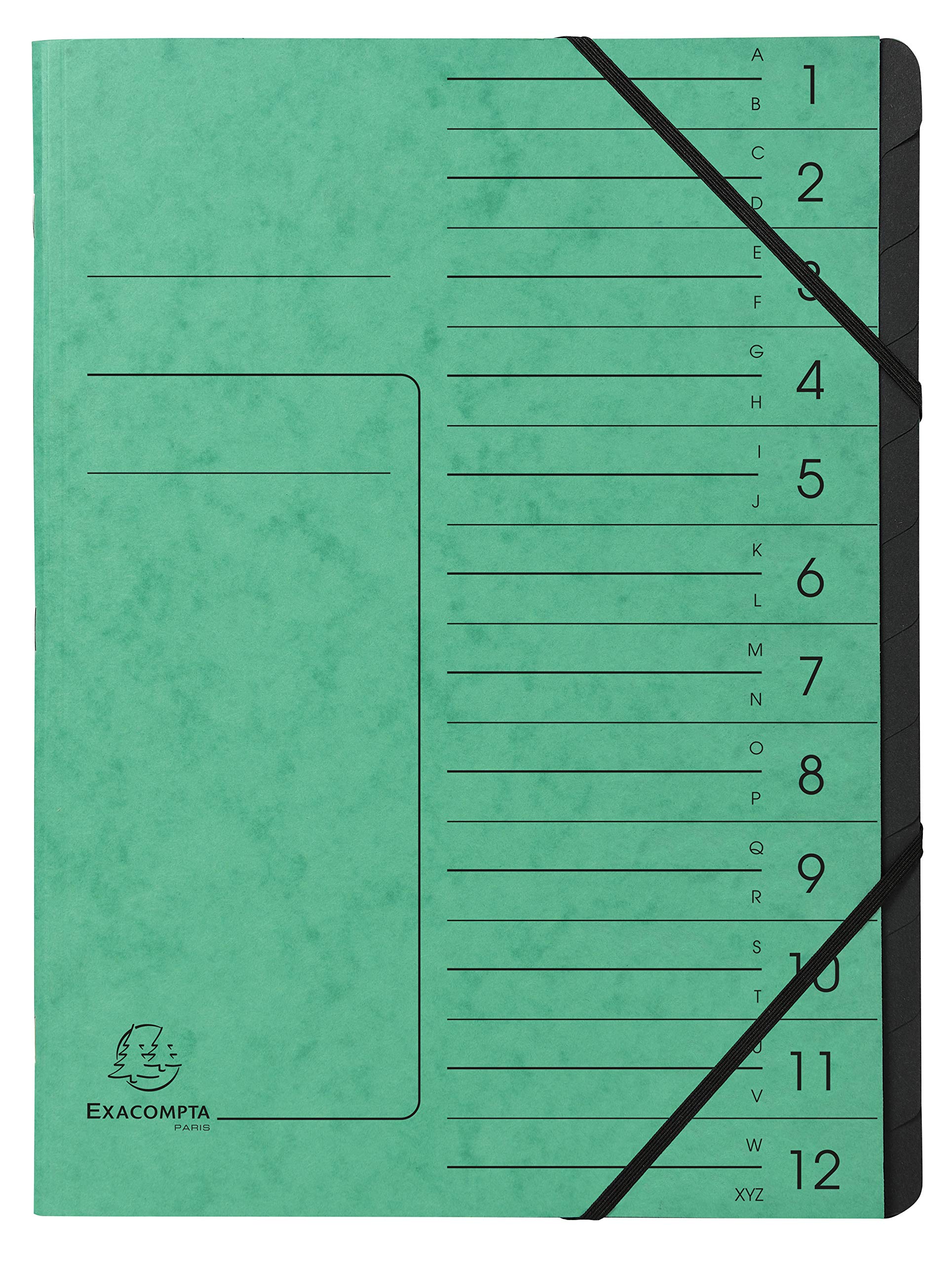 Exacompta - Ref 541203E - Stapled Spine Multipart File - 245 x 320mm in Size, Suitable for Storing A4 Documents - 12 Tabbed Sections - Green Cover with Reinforced Tabs