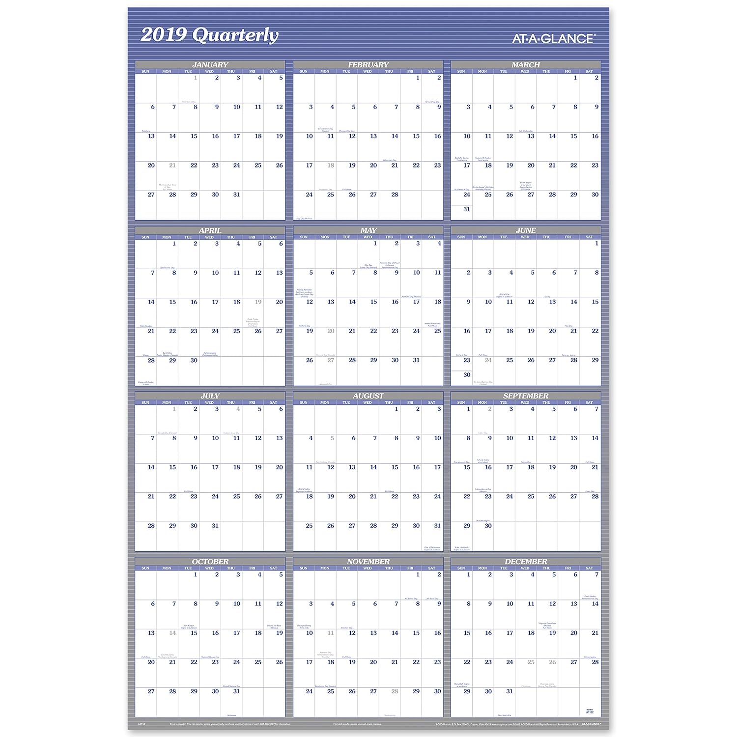 ATAGLANCE 2019 Yearly Wall Calendar, 48" x 32", Jumbo