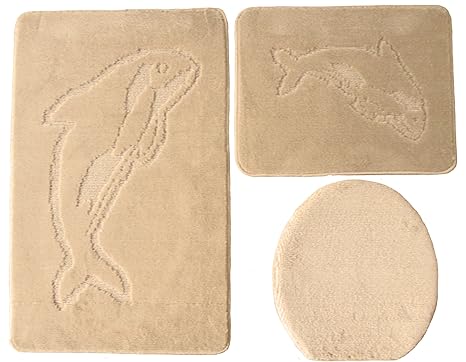 Ilkadim Delphin Badgarnitur 3 tlg. Set 55x85 cm einfarbig, WC Vorleger ohne Ausschnitt für Hänge-WC (beige)