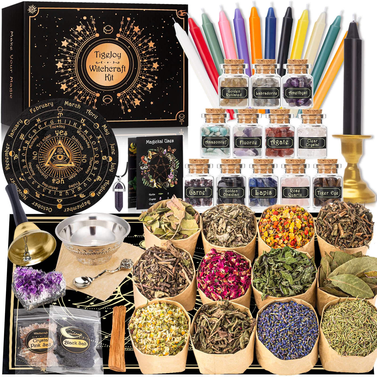 Photo 1 of Witchcraft Supplies Witch Stuff Spell Kit 60PCS, Wiccan Supplies and Tools, Include Herb Crystal Candle Amethyst Altar Bowl Witch Bell, Witch Gift Wiccan Starter Kit Altar Supplies Pagan Decor