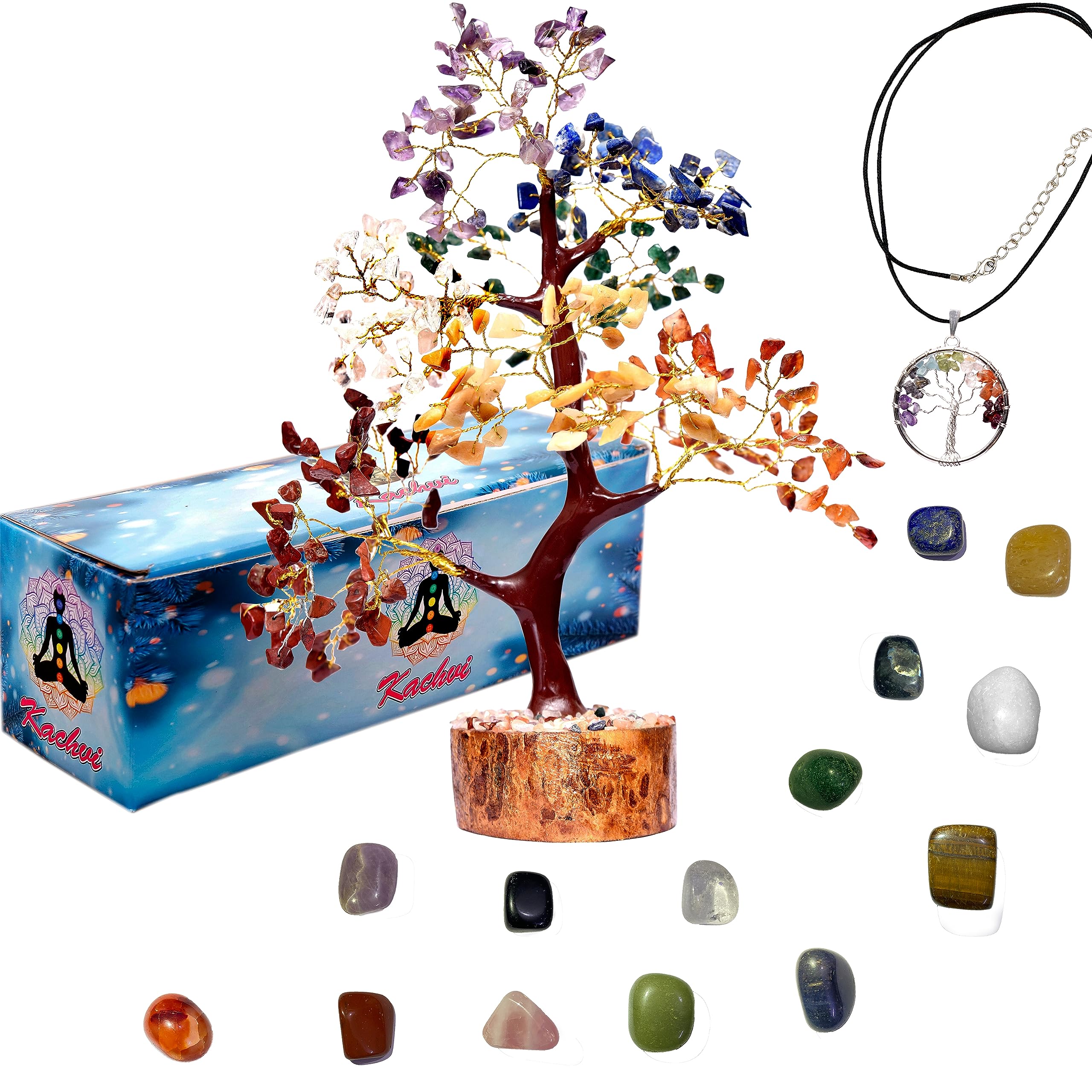 KACHVI Crystal Tree.Spiritual Meditation Crystal Gifts For Women. Crystals And Gemstones Tree.Home Office Décor. 300 beads.With14 Natural Tumbled Stone And Tree of Life.