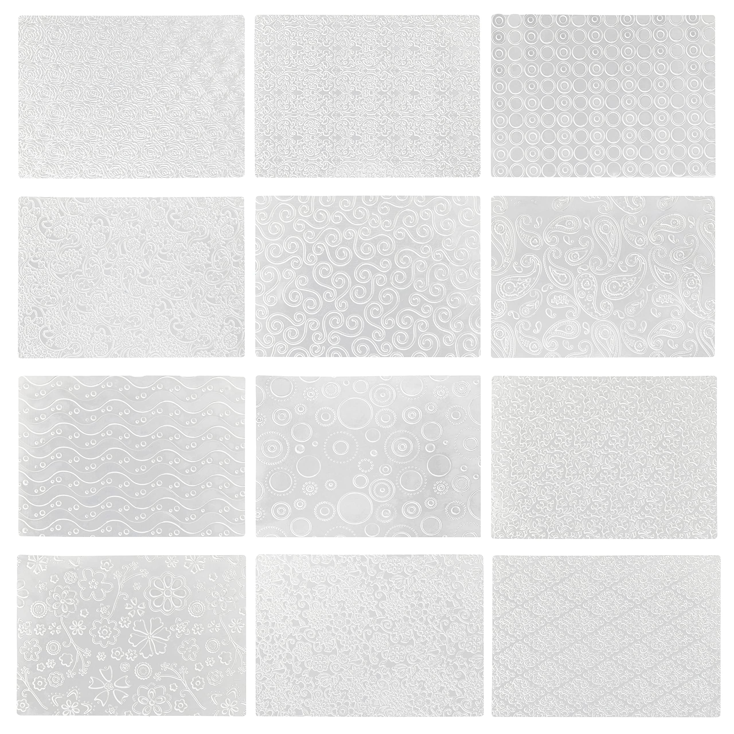 Belle Vous 12 Pack Plastic Embossing Fondant Icing Chocolate Cake Mould Set - Floral, Paisley and Circle Designs - Clear 3D Decorating Embossed Mold Set for Sugar Candy, Decor, Jelly & DIY Baking
