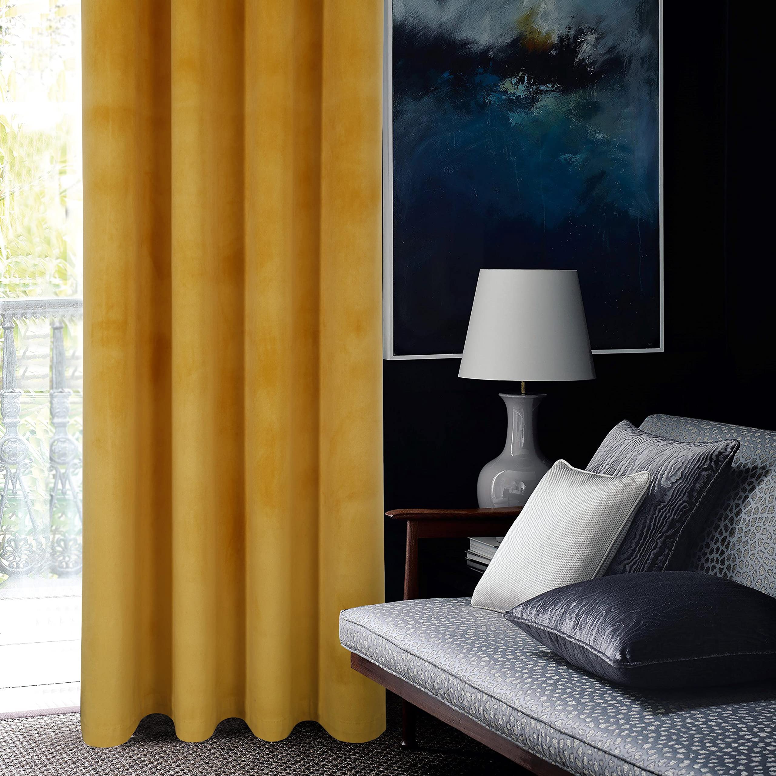 always4u Super Soft Velvet Curtains Yellow Blackout Curtains 46x54 Inches Eyelet Thermal Insulated Fully Lined Window Treatment for Living Room 1 Pair