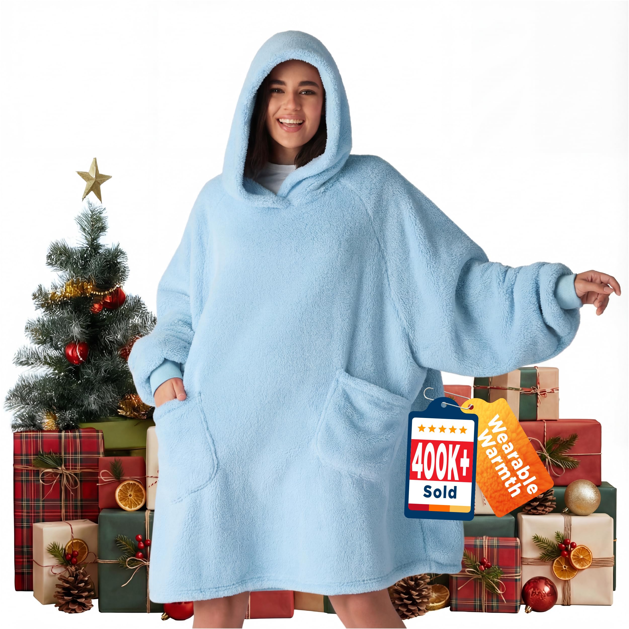 Bedsure Wearable Blanket Hoodie Women - Fluffy Fleece Hoodie Blanket for Adults Men, Warm Hooded Blanket as Gifts for Her, Blue, L — image 1