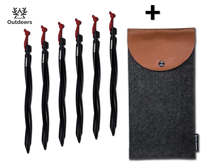 8X/6X Zeltheringe aus Aluminium in schwarz und rot | Schraubenförmig Zeltnagel mit reflektierender Kordel inklusive Tasche | 