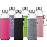 Glass Water Bottles 6 Pack Deluxe Set 18oz - Includes 6 Sleeves. Stainless Steel Lids - Kombucha, Juice, Tea