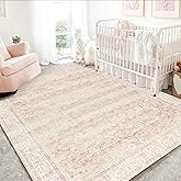 Pink Nursery Rug for Baby Girl 5 x 7 Neutral Blush Pink Boho Cute Floral Foldable Machine Washable Low Pile Soft Surface Carpet Area Rugs for Living Room Bedroom Dorm Kids Playroom,5x7