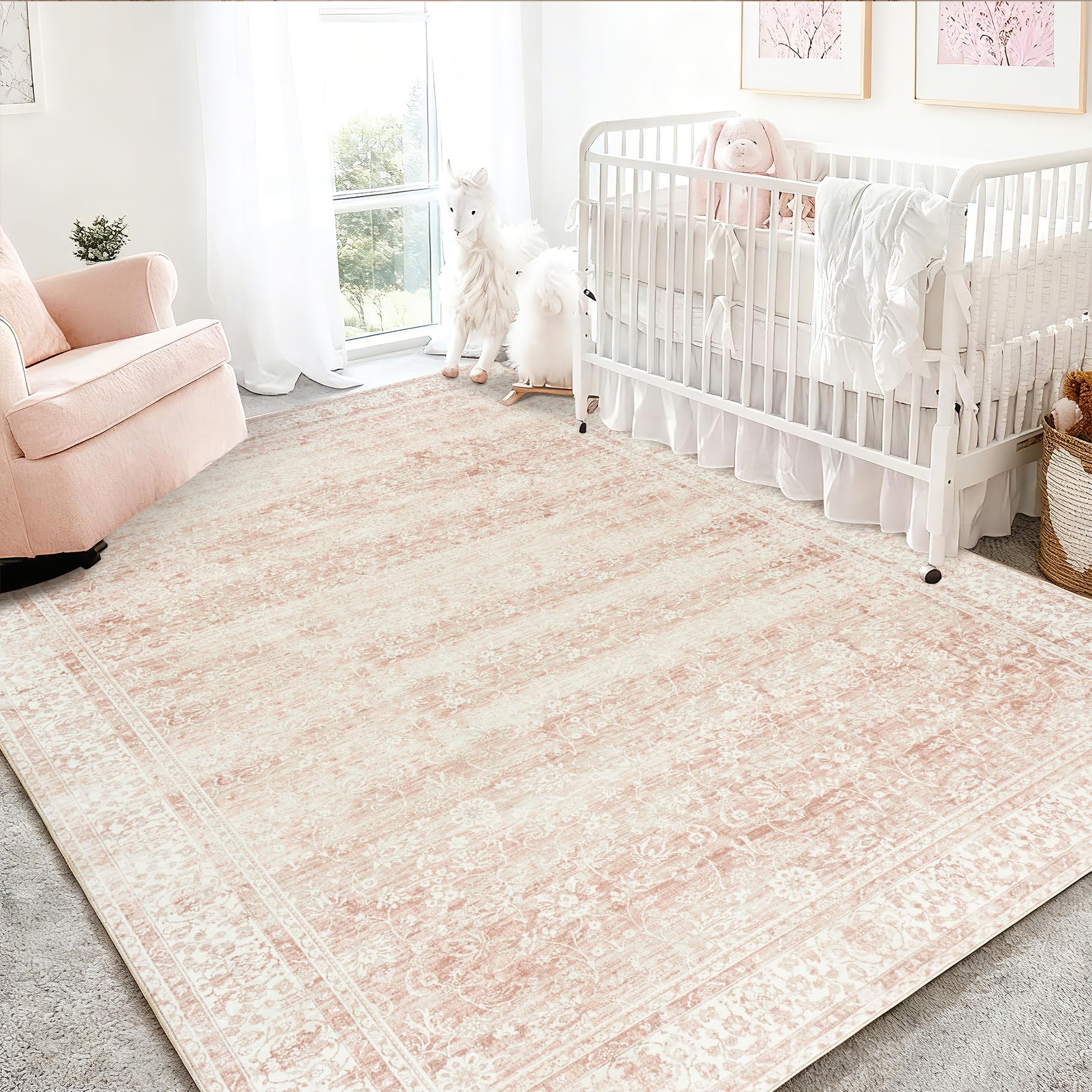 Photo 1 of Pink Nursery Rug for Baby Girl 5 x 7 Neutral Blush Pink Boho Cute Floral Foldable Machine Washable Low Pile Soft Surface Carpet Area Rugs for Living Room Bedroom Dorm Kids Playroom,5x7