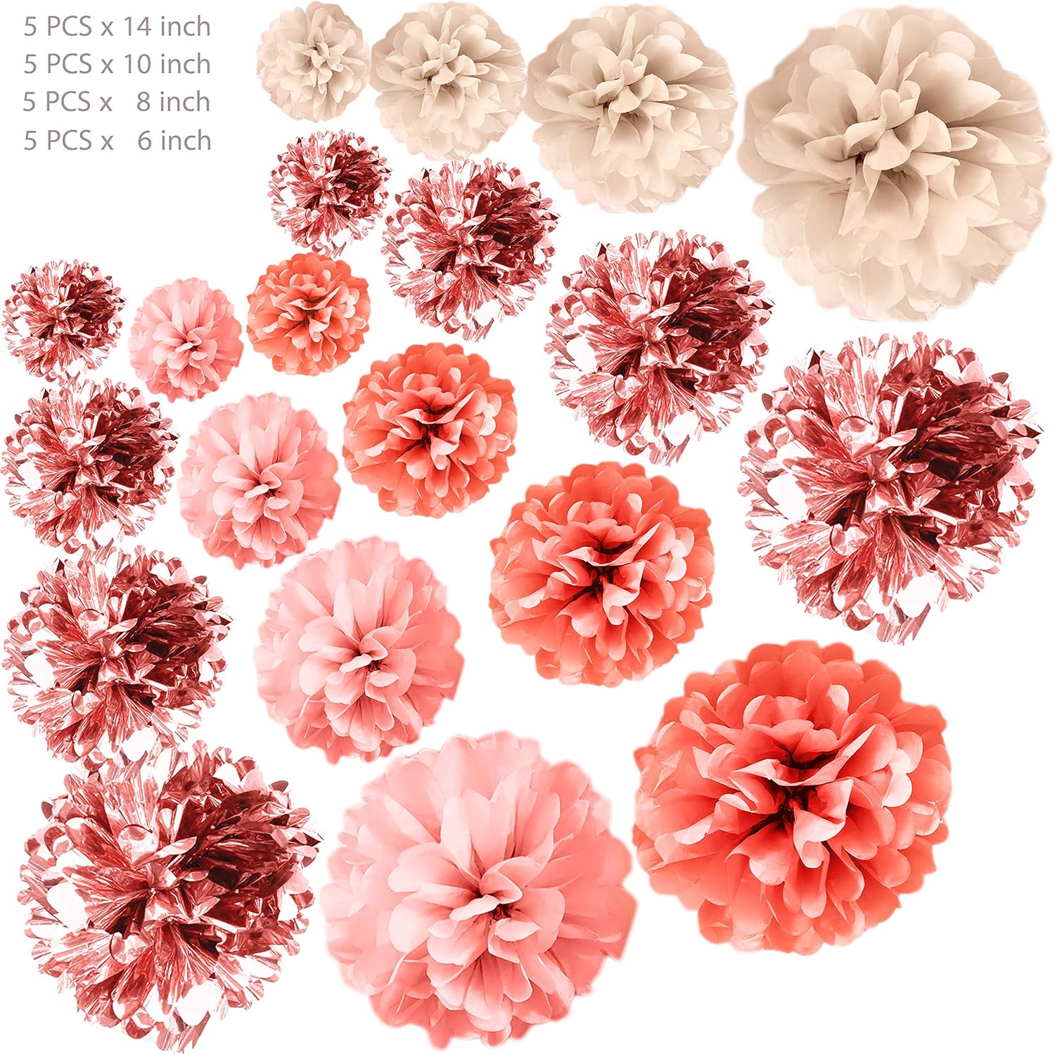 VINANT 20 PCS Rose Gold Party Decorations - Metallic Foil and Tissue Paper Pom Poms - Birthday Party Decoration - Baby Shower - Bridal Shower - Bachelorette - Garden Party - 14", 10", 8", 6": Arts, Crafts & Sewing