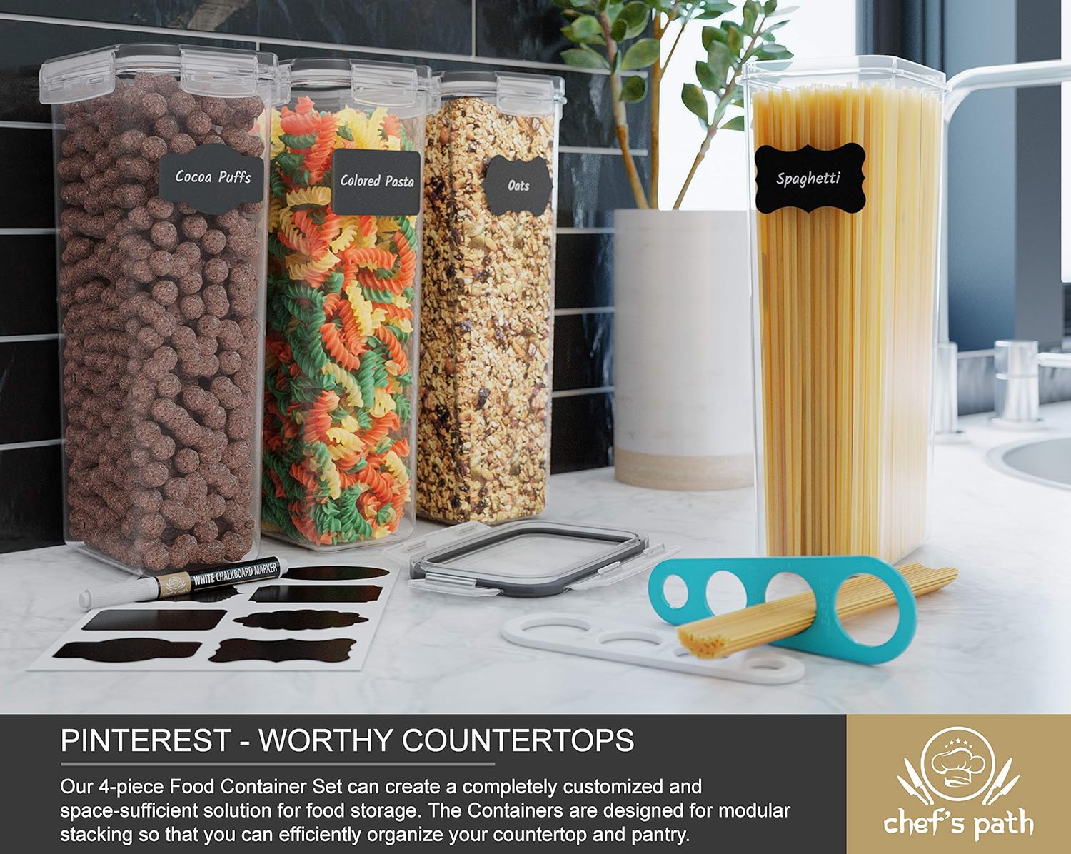 Chef's Path Airtight Tall Food Storage Container Set - Ideal for Spaghetti, Noodles & Pasta - 4 PC/All Same Size - Kitchen & Pantry Organization - Plastic Canisters with Durable Lids (Black): Kitchen & Dining