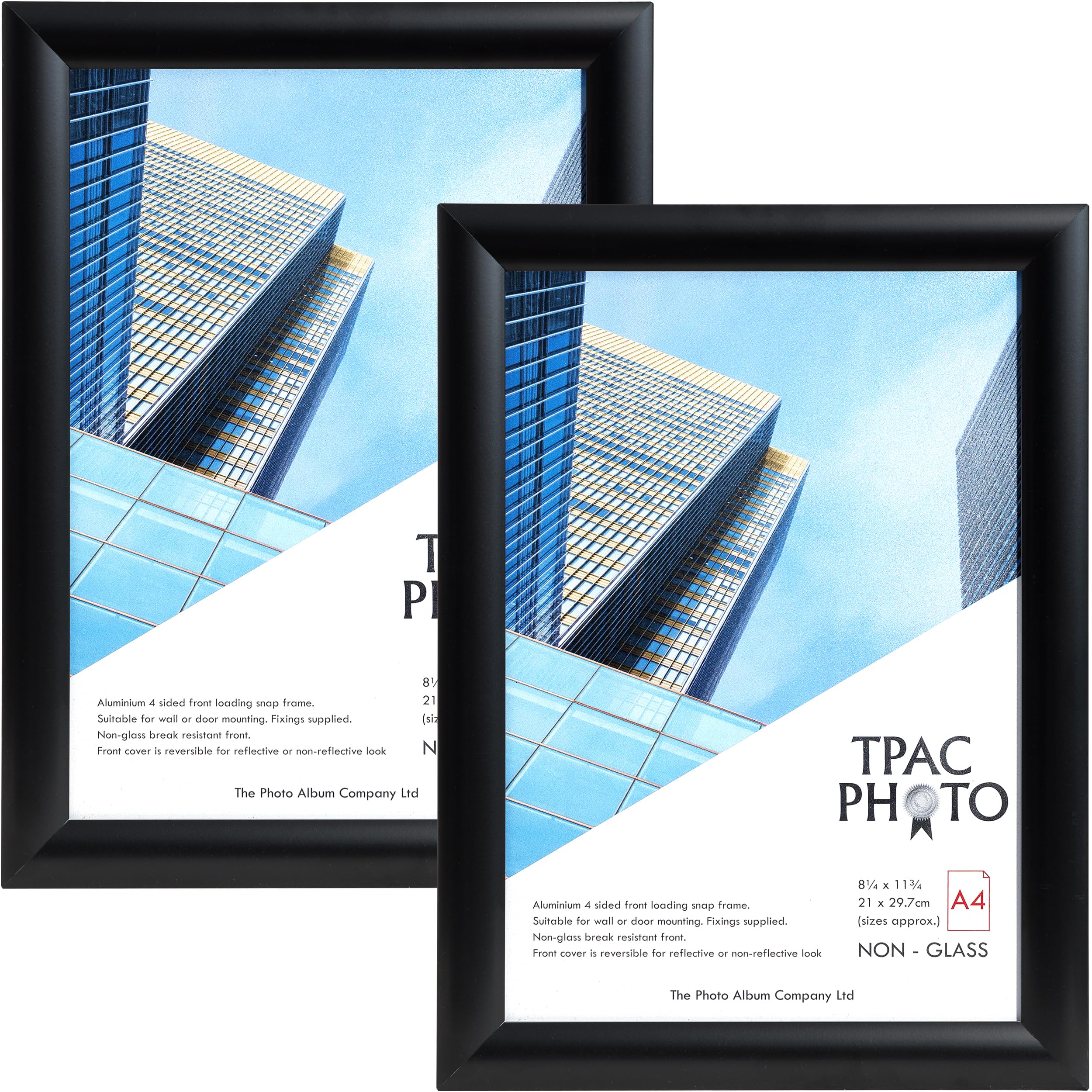 The Photo Album Company Limited | Snap Frame | A4 (21x30cm), Black, Pack of 2, Metal, Satin Finish | Wall Mount, Rectangular Shape, Acrylic Front | Easy Poster and Certificate Display