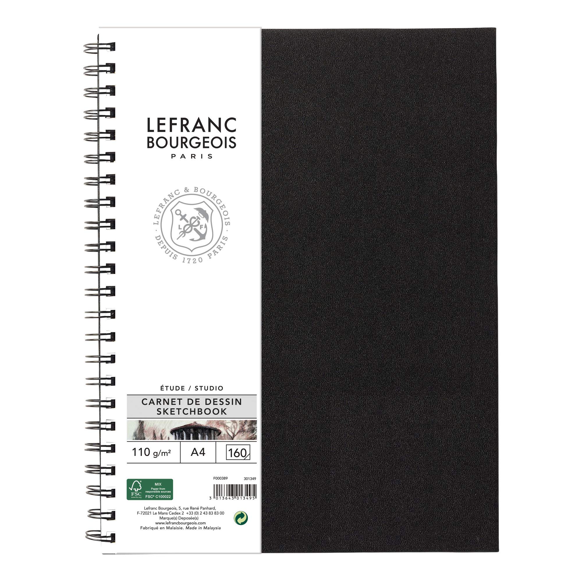 Lefranc Bourgeois 301349 Studio Sketch Book 80 Sheets - A4, 110 g/m², Spiral Bound, Sketch Paper with Fine Grain Surface for Drawing with Pencils, Chalk, Charcoal and Other Drying Techniques