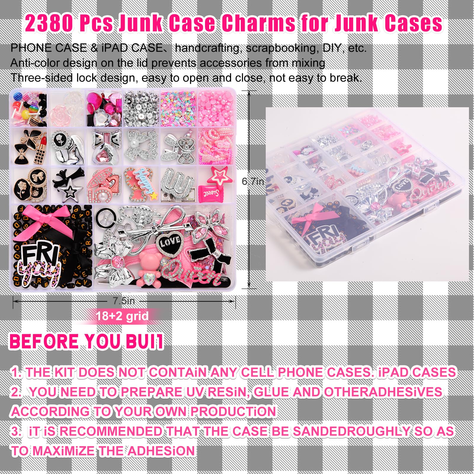 2380 Pcs Junk Phone Case Charms Kit,Charms for Customizing Diy Cases ，With Nail Accessories,Cute Bow,Flatback Pearls,Star,Love, Candy,Letter Beads,Cute Aesthetic Big Decor for Personalization