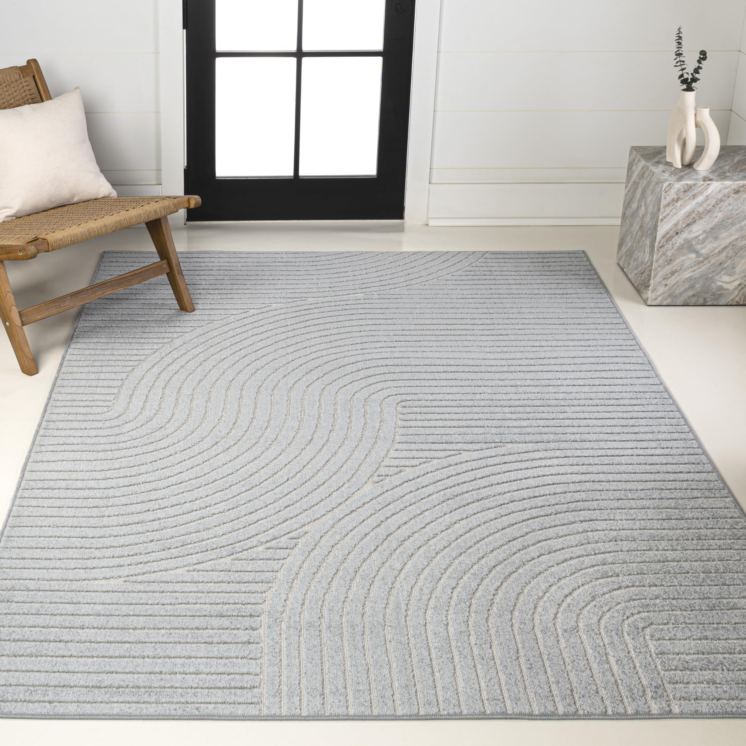 Photo 1 of (7'10''x10') JONATHAN Y Hallie High-Low Curve Light Blue/Cream 8x10 Indoor/Outdoor Area Rug, Minimalist Geometric (7'10''x10')