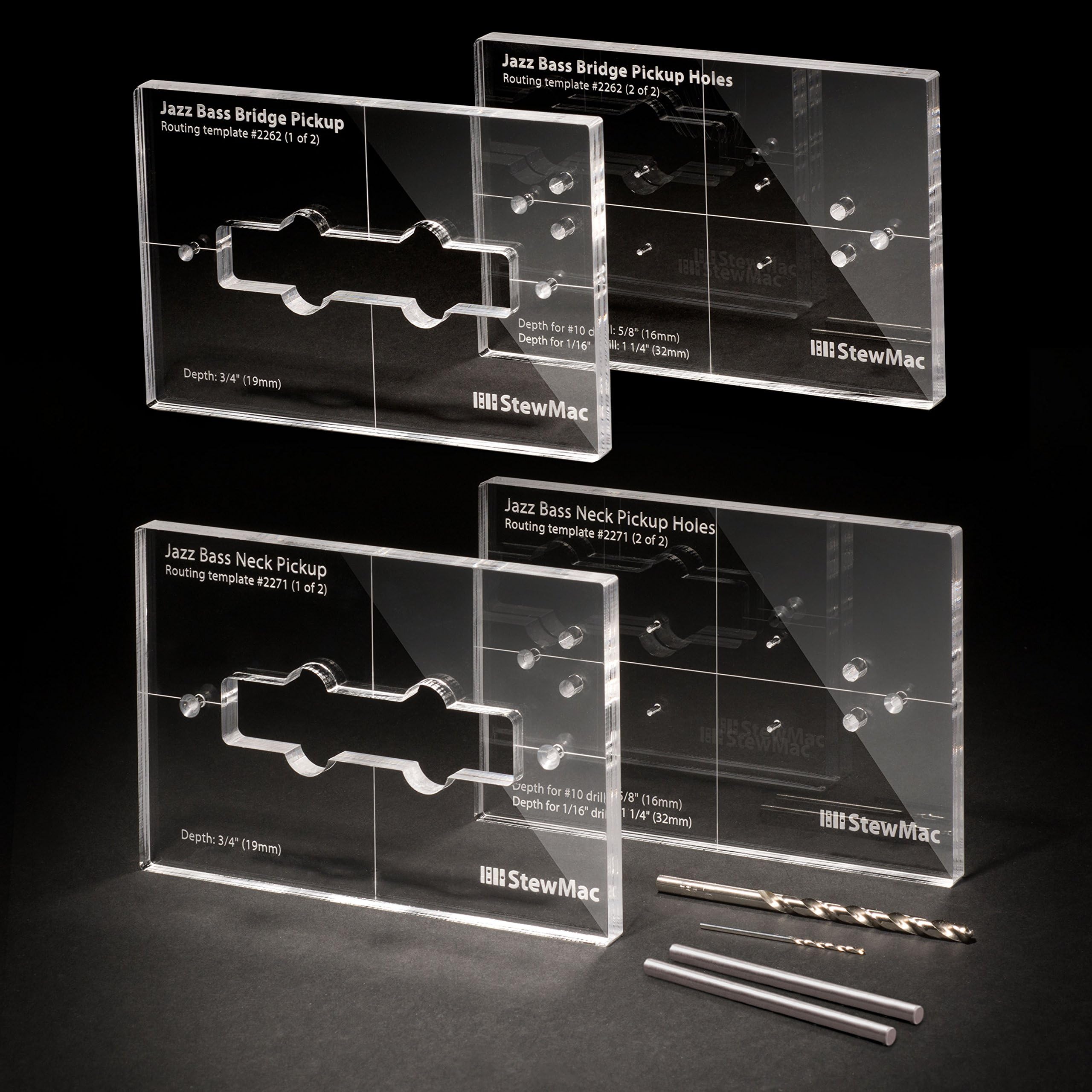 StewMacPickup Routing Templates for Jazz Bass, Complete Set of 4 Templates for Neck and Bridge Pickups