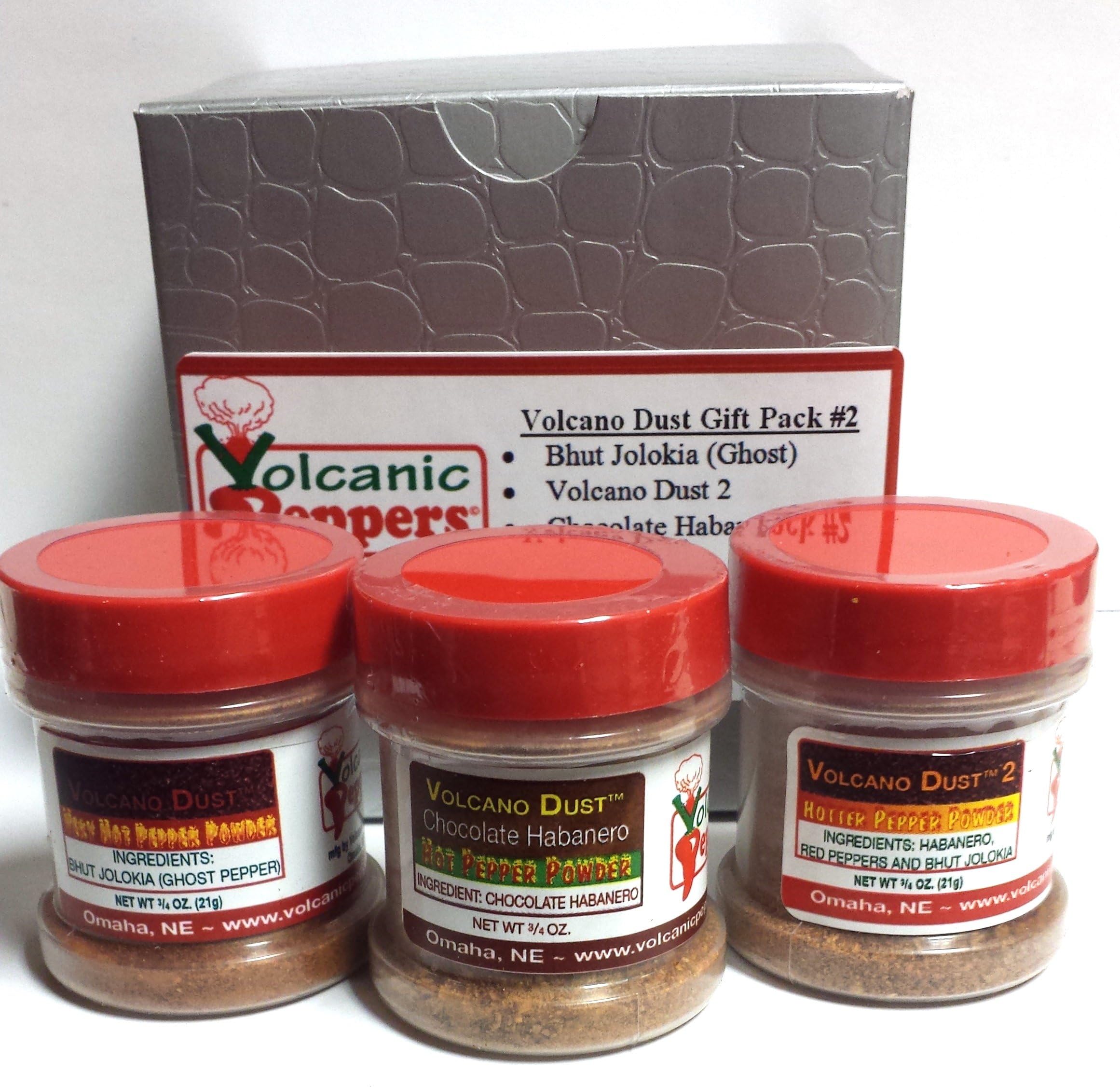 Volcanic Peppers gift pack-Volcano Dust 2 - 3/4 oz, Bhut Jolokia (Ghost) - 3/4 oz, Chocolate Habanero - 3/4 oz