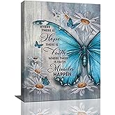 Farmhouse Butterfly Daisy Canvas Wall Art Rustic Teal Butterfly Pictures Wall Decor Inspirational Hope Faith Quotes Prints Painting Framed Artwork for Bathroom Bedroom Living Room Office 12"x16"