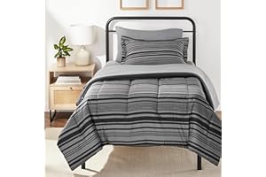 Amazon Basics 5-Piece Lightweight Microfiber Comforter Set with Sheets ,Bed-in-a-Bag Sheets, Gray Calvin Striped Bedding, Twin/Twin XL