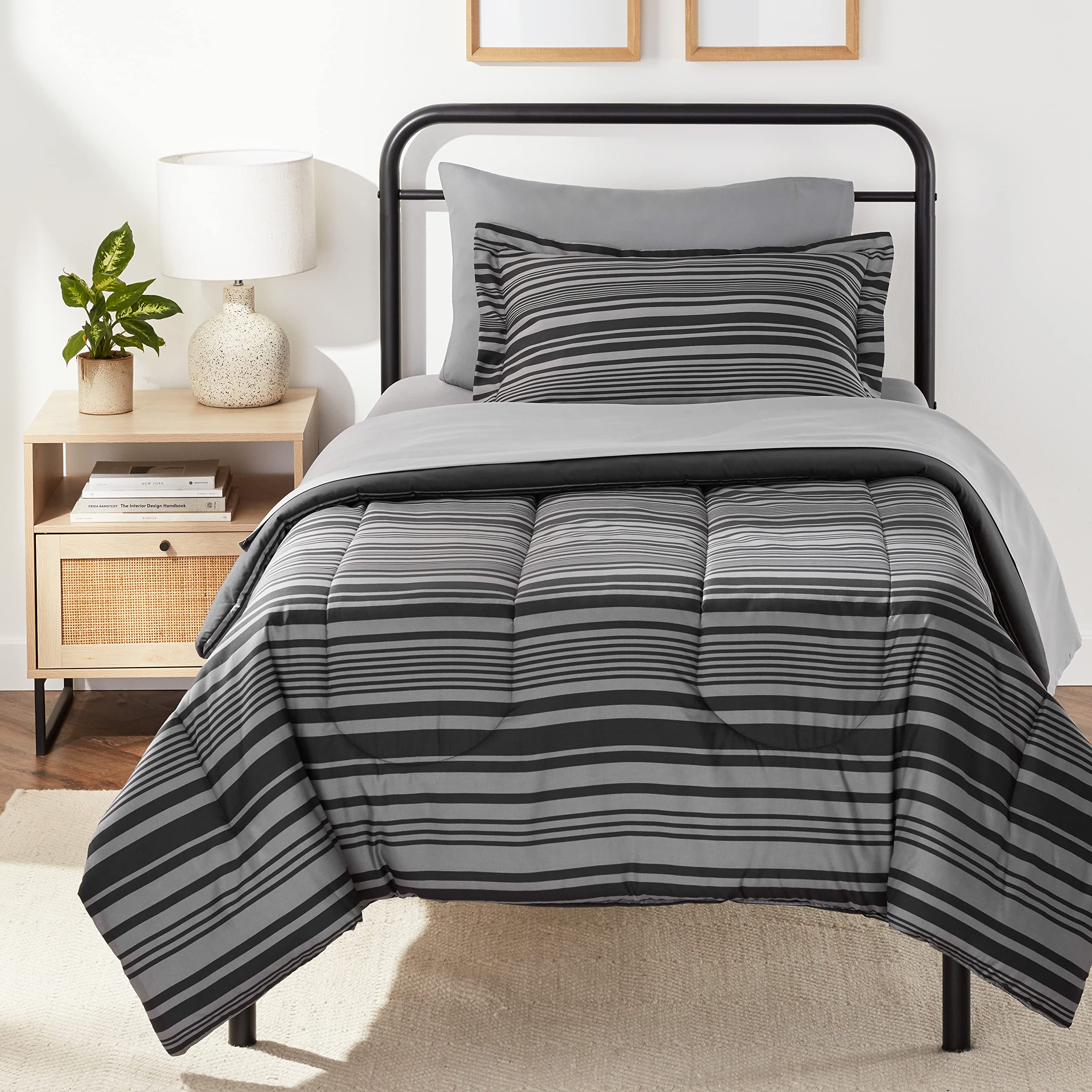 Amazon Basics 5-Piece Lightweight Microfiber Comforter Set with Sheets ,Bed-in-a-Bag Sheets, Gray Calvin Striped Bedding, Twin/Twin XL Image Amazon Basics 5-Piece Lightweight Microfiber Comforter Set with Sheets ,Bed-in-a-Bag Sheets, Gray Calvin Striped Bedding, Twin/Twin XL Image