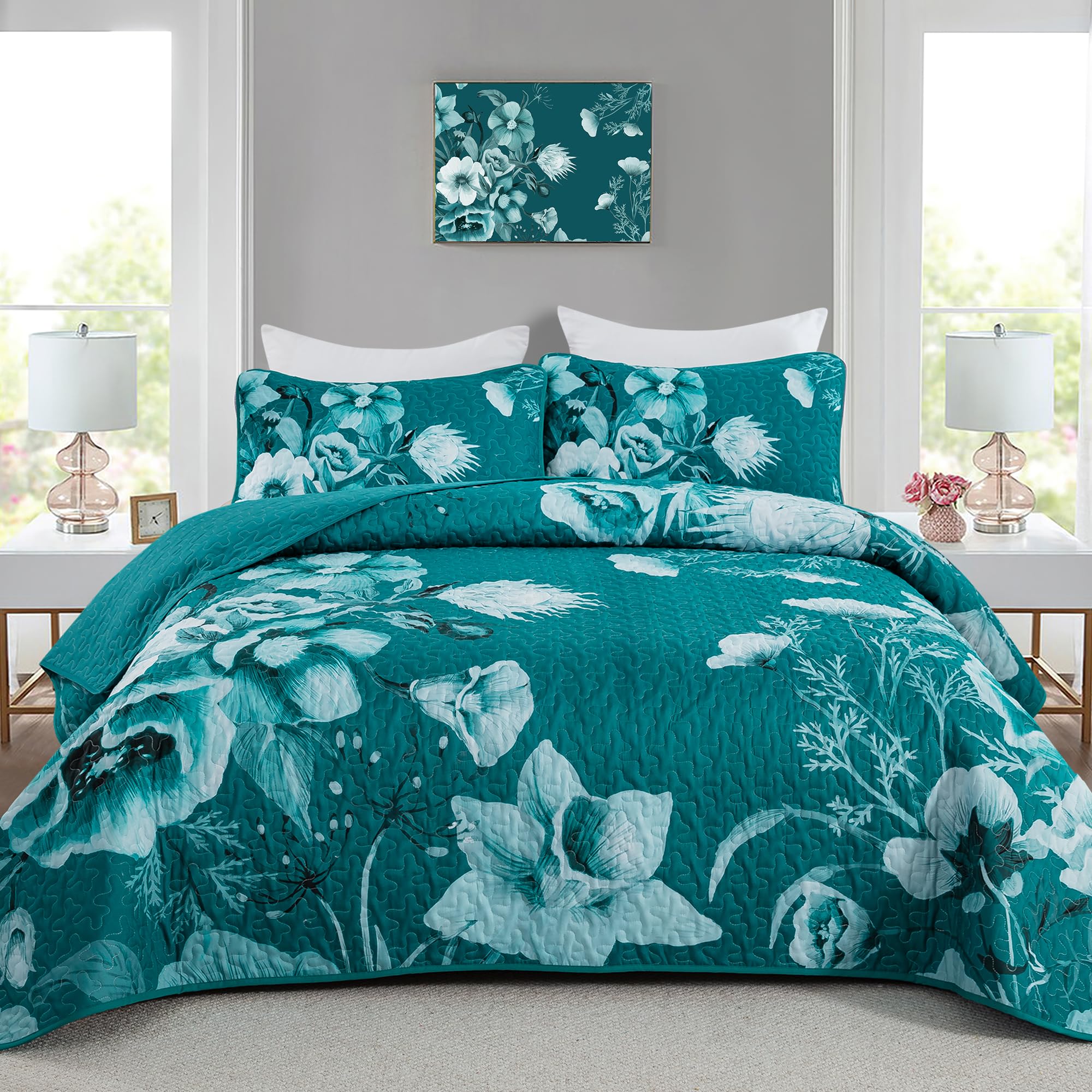 Floral Quilt Set King Size Bedding Set 3 Pieces Teal Blue Boho Floral Quilt Bedspread Soft Microfiber Lightweight Flower Coverlet Set with 2 Pillow Shams for All Season 90"x104"
