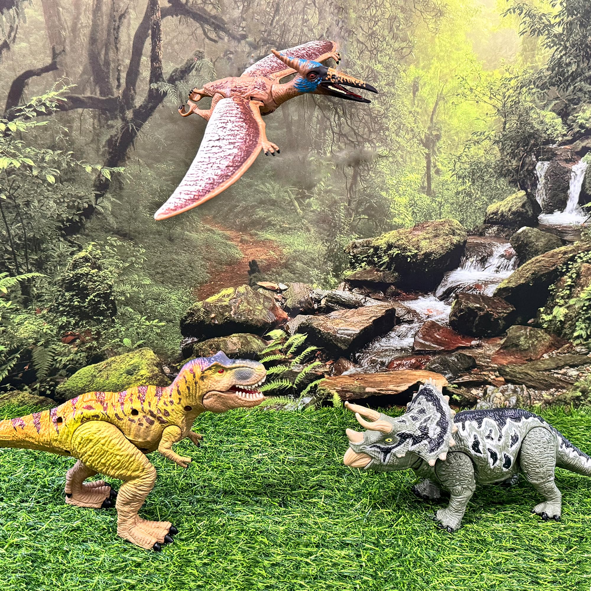 Photo 1 of EKU Dinosaur Toys Wing Flapping Pterodactyl Toy Quetzalcoatlus, Chomp Action T Rex Tyrannosaurus, Head Moves Attack Triceratops Realistic Dino Action Figures for Kids 3-12 Jurassic World Toys