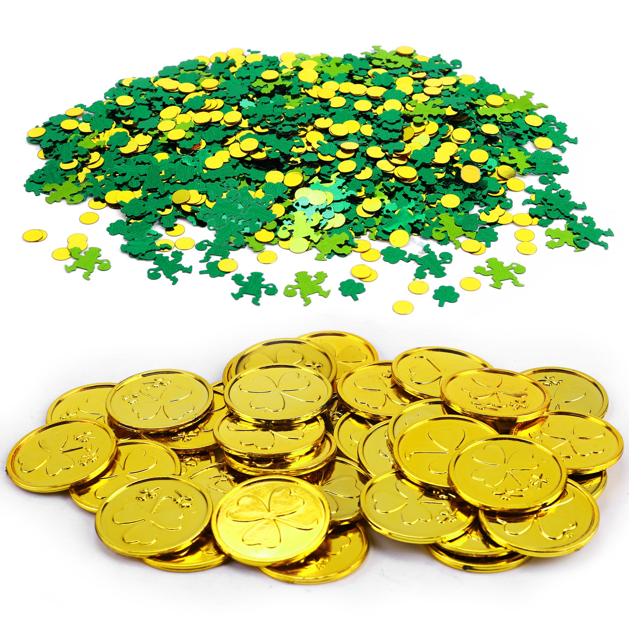 HOWAF 400pcs St Patricks Day Shamrocks and Leprechauns Foil Table Confetti and 40pcs Lucky Shamrock Plastic Coins for St Patricks Day Decorations Irish Party Favors Supplies