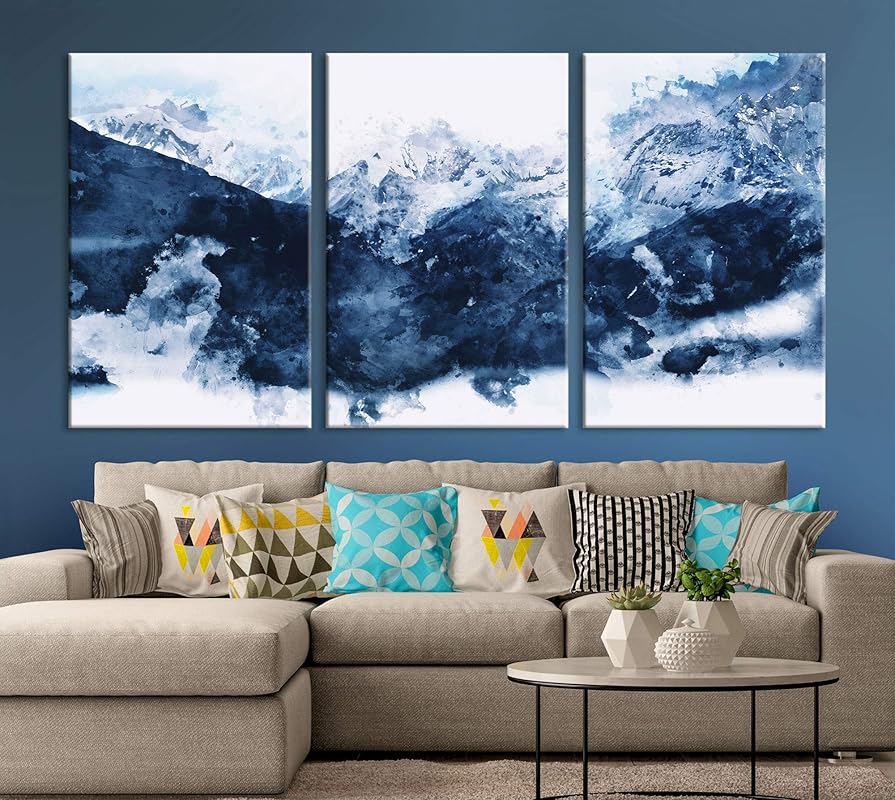 Amazon.com: Navy Blue Abstract Mountain Wall Art Canvas Print Teal