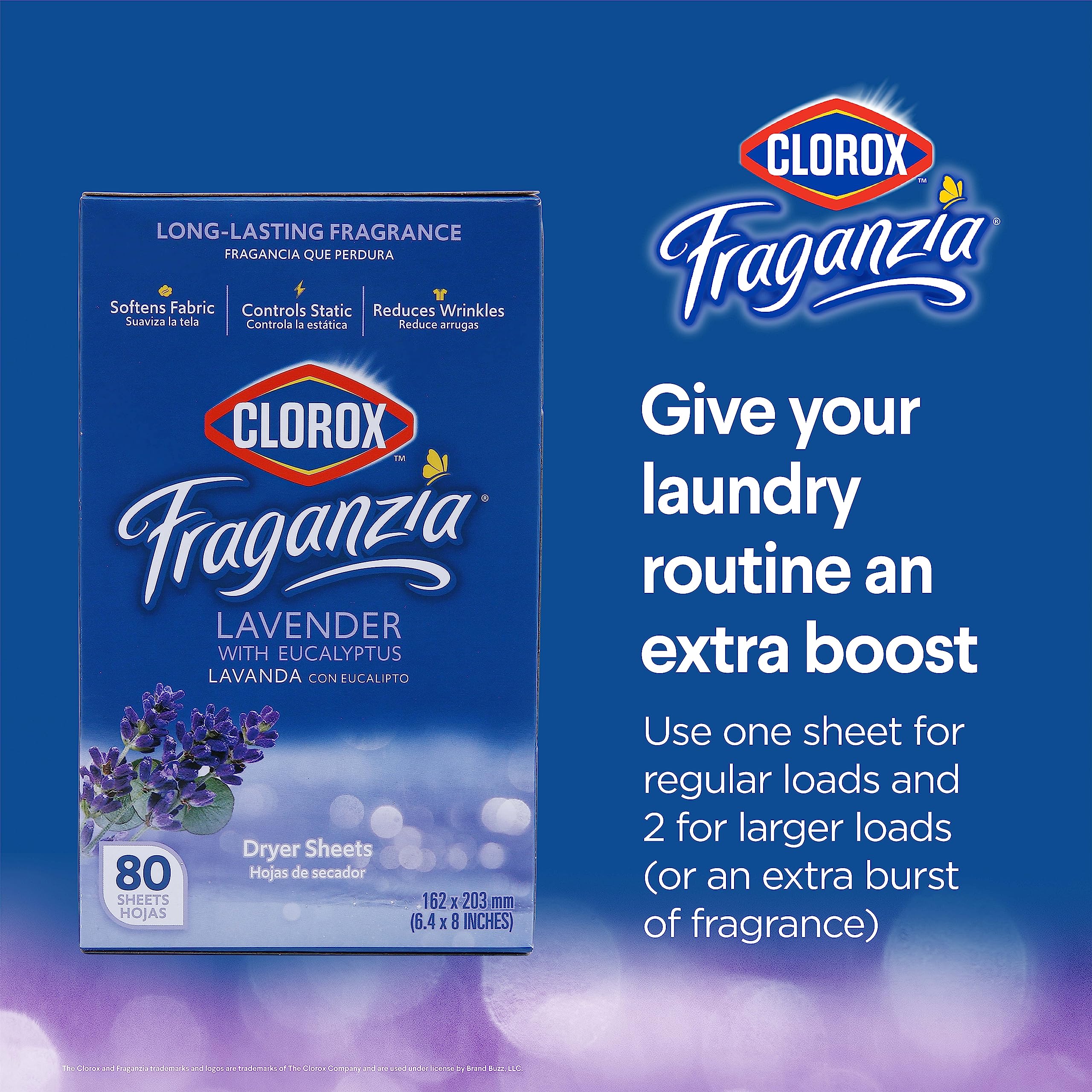 Clorox Fraganzia Dryer Sheets in Lavender with Eucalyptus Scent, 80 Count | Wrinkle-Reducing Fabric Softener Sheets | Best Laundry Dryer Sheets with Long-Lasting Lavender with Eucalyptus Scent