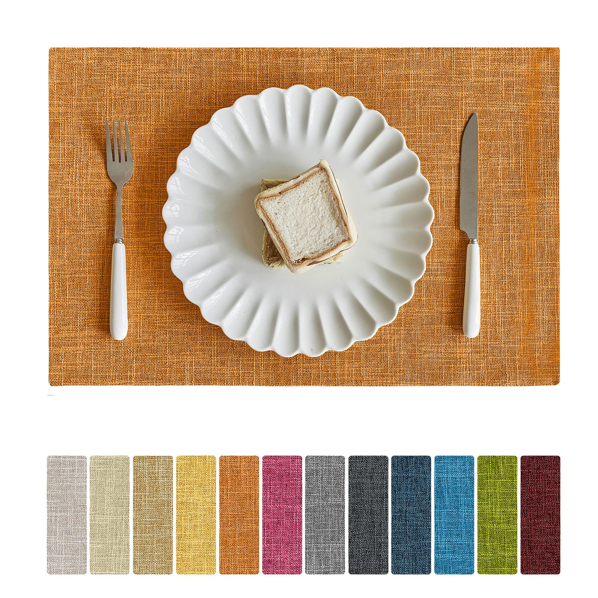 Photo 1 of Softalker Faux Linen Placemats Set of 8-12 x 18 Inch, Heat Resistant Double Layered Durable Burlap Farmhouse Place Mats, Non-Slip Washable Rustic Table Mats for Dining, Kitchen, Party?Orange