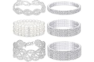 EIELO 6 Pcs Rhinestone Stretch Bracelet for Women Sparkly Clear Crystal Wedding Bridal Bridesmaid Stretch Bracelet Jewelry Stackable Elastic Pearl Multilayer Strand Link Tennis Bracelets Set