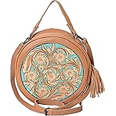 Merbaa Women’s Round Leather Purse – Handmade Boho Crossbody Bag with Embossed Butterfly Design – Genuine Leather Small Circle Shoulder Bag for Ladies