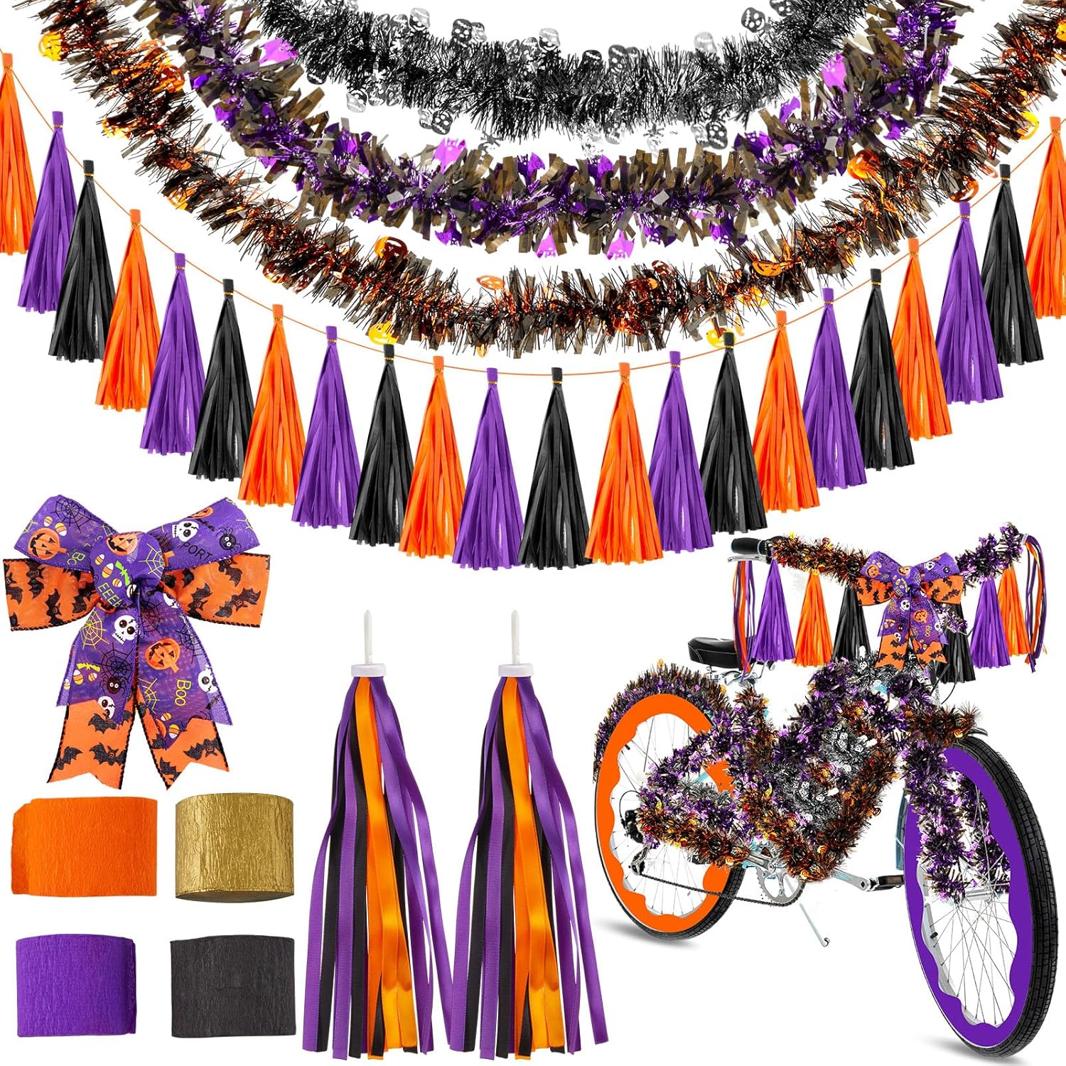 Bows & Ribbons - Ceenna 9 Pcs Halloween Bike Decor Set Witch Bicycle Ribbon Streamer Scooter Cloth Tassel Halloween Bow Purple Orange Black Tinsel Garland for Halloween Kids Bike Parade Party Favor