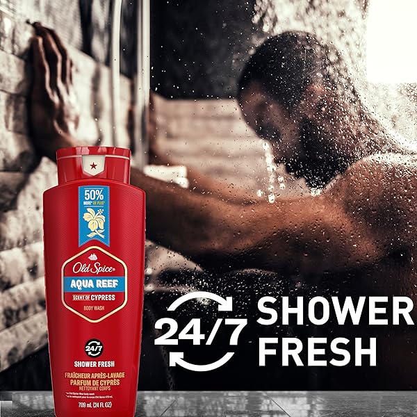 OLD SPICE REFRESHING BODY WASH FOR MEN, 3X DEFENSE, 24/7 SHOWER FRESH WITH LONG LASTING SCENT, RED COLLECTION, AQUA REEF WITH CYPRESS SCENT, 24 OZ
