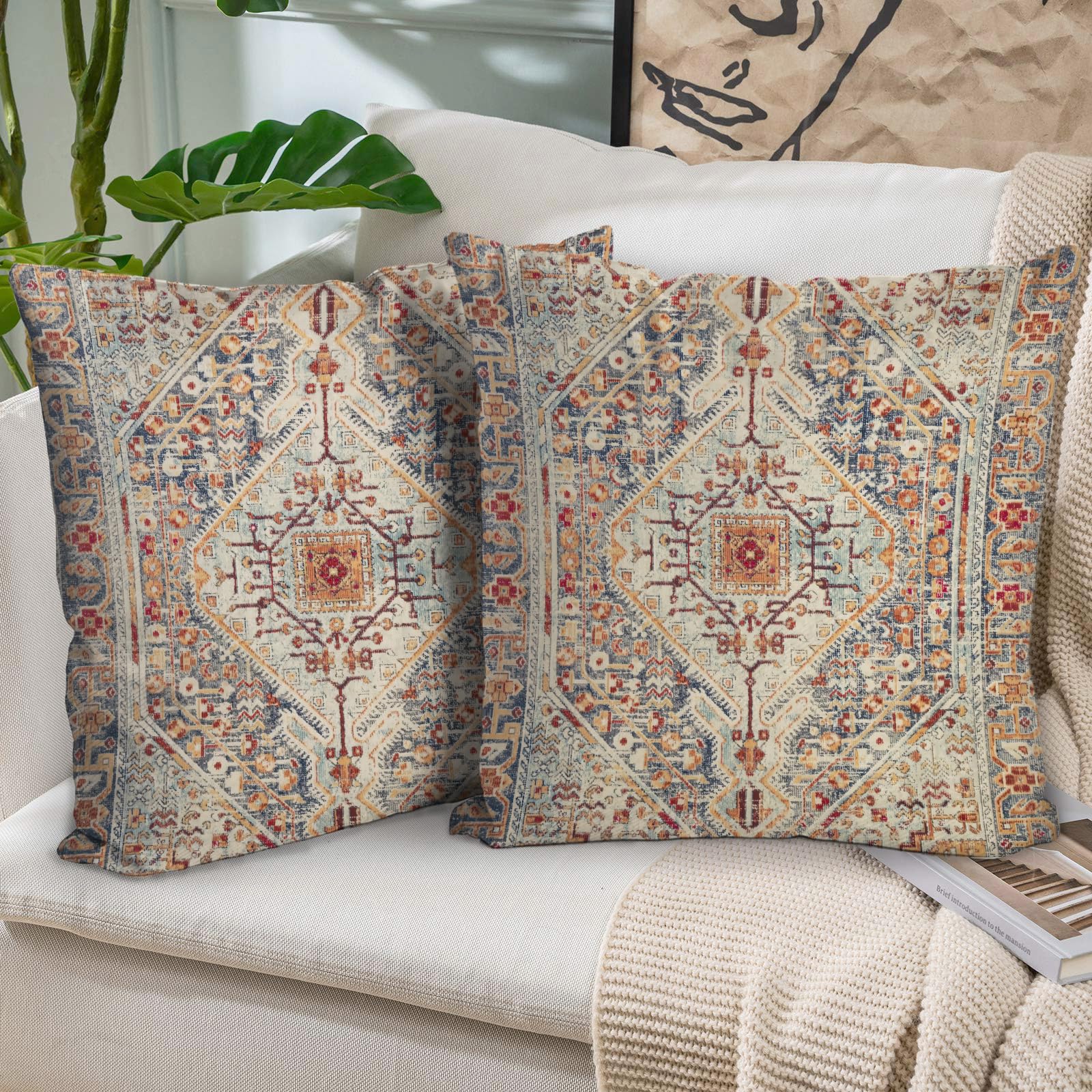 Photo 1 of ** FACTORY SEALED**BUAEL Boho Throw Pillow Covers 18x18 inch Set of 2,Bohemian Vintage Carpet Pattern Antique Ethnic Decor Double Sided Pattern Cushion Cover Soft Pillow Case Living Sofa Room Bed Square Pillow Cover