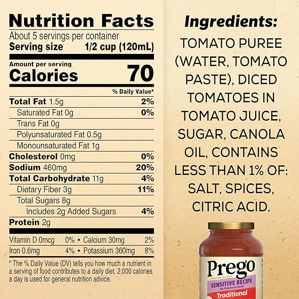 PREGO TRADITIONAL SENSITIVE RECIPE LOW FODMAP PASTA SAUCE, 23.75 OZ JAR
