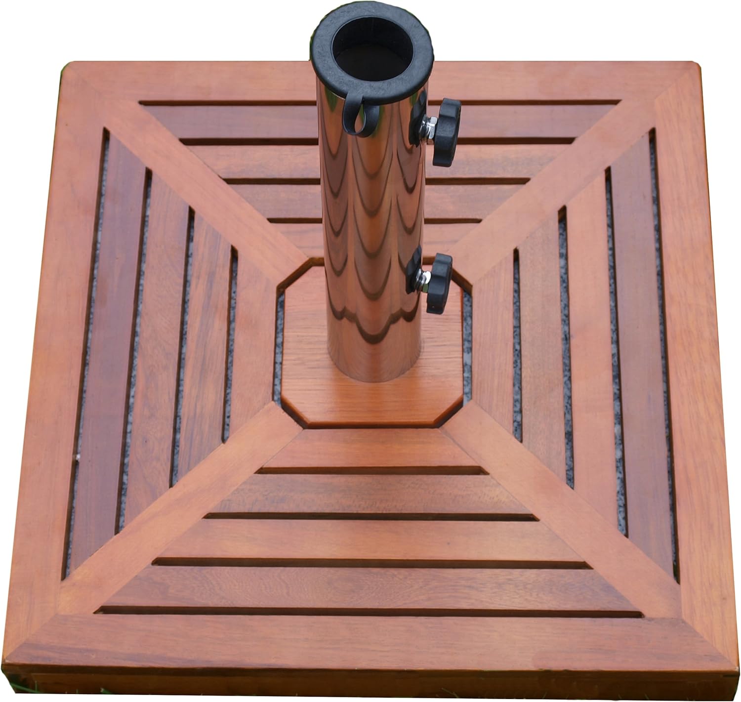 SONLEX Attraktiver Sonnenschirmständer aus Granit mit exklusiver Holzabdeckung, Edelstahlhülse und Reduzierring, quadratisch, 25 kg, braun