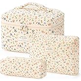 HBselect Quilted Makeup Bag, 3PCS Cotton Large Travel Makeup Bag, Cute Floral Coquette Make up Bag Cosmetic Bag Toiletry Bag for Women Girls