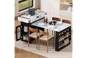 Extendable Kitchen Island, Rolling Dining Table with Glass Door Cabinet, Hidden Drawers & Shelves, Folding Drop-Leaf Sideboar