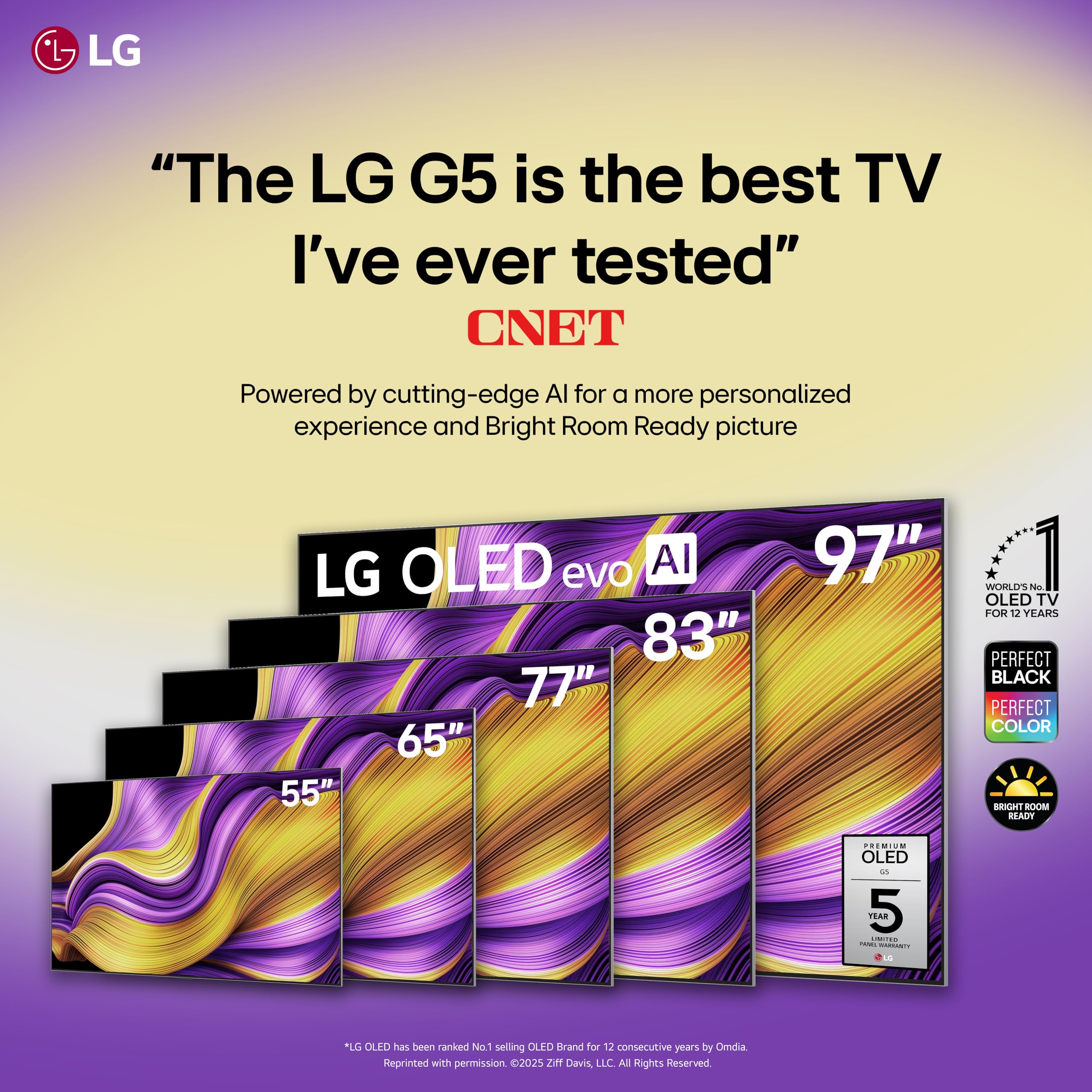 LG 77-Inch Class OLED evo AI 4K G5 Series Smart TV w/Dolby Atmos, Dolby Vision, HDR10, AI Super Upscaling 4K, Filmmaker Mode, Wow Orchestra, Alexa Built-in (OLED77G5WUA, 2025)