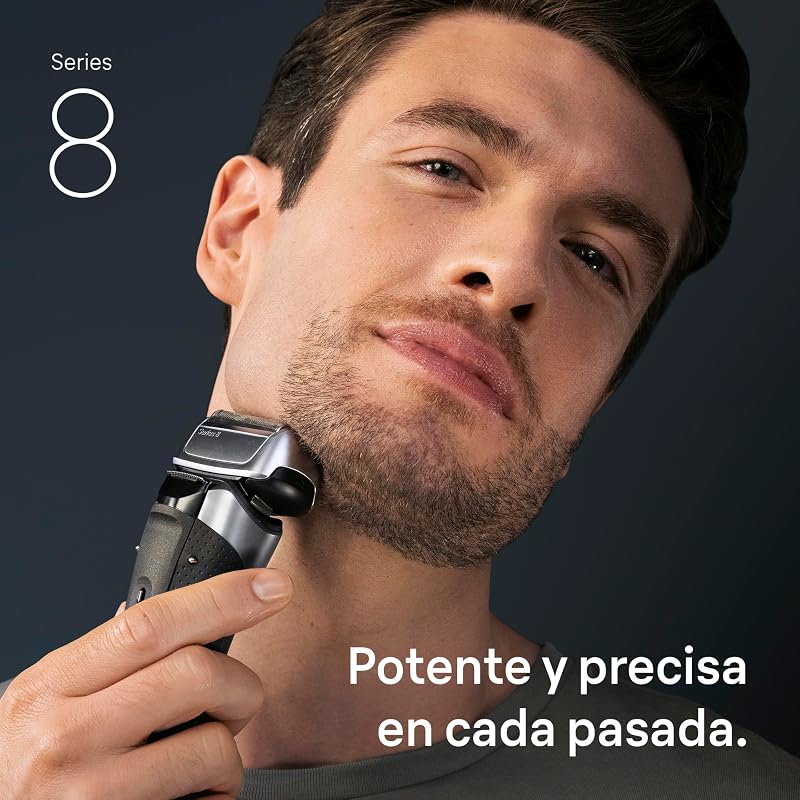 Braun Electric Shaver Men Série 8, Barbeador de barba seco e molhado com cabeça e aparador de precisão, 60 min de uso, base de carregamento e estojo de viagem, 8617S, prata