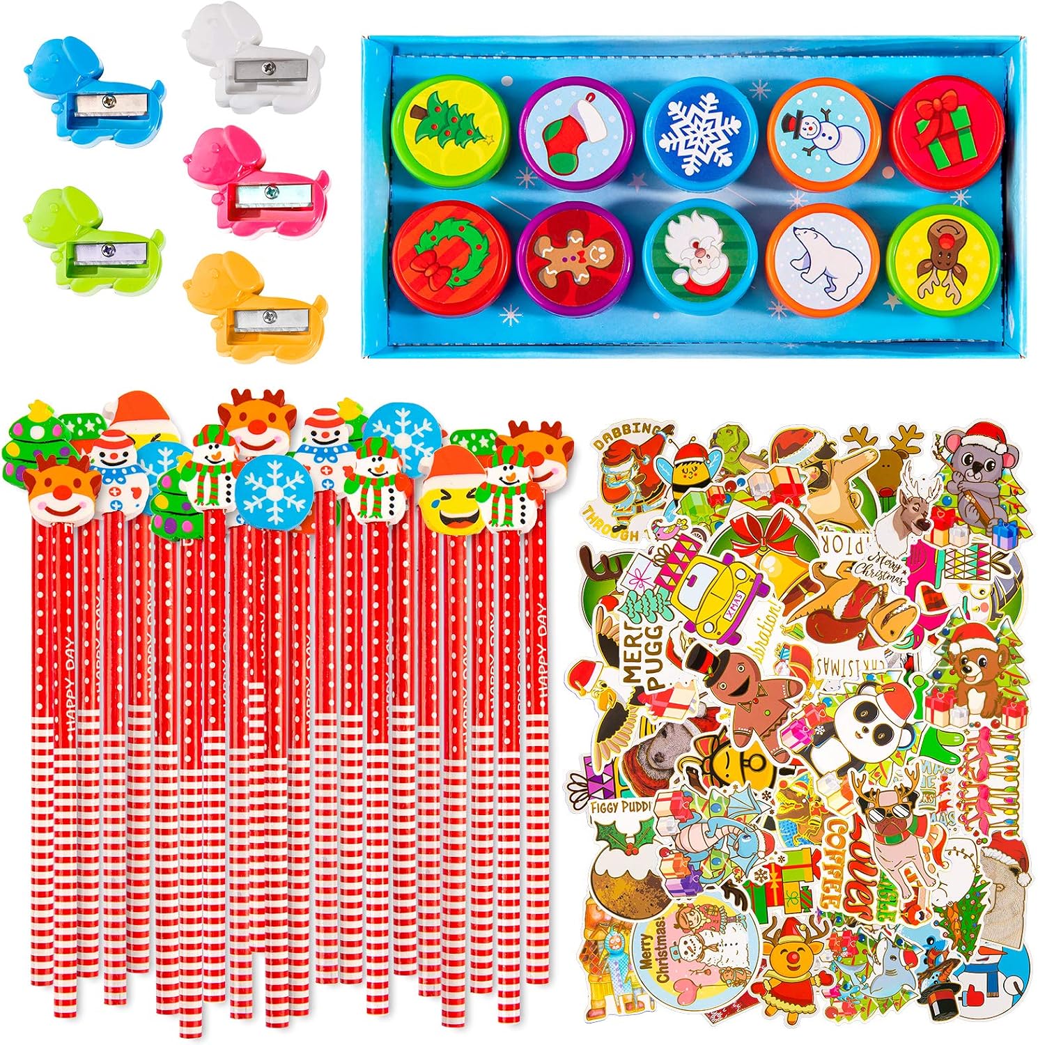 Whaline Christmas Stationery Collection 140 Set 40 Christmas Pencils with Eraser, 20 Christmas Stampers