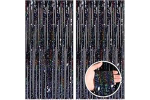 CANREVEL 2 Pack 3.3x8.2 Feet Laser Black Foil Fringe Backdrop Curtains, Tinsel Streamers Birthday Party Decorations, Fringe Backdrop for Graduation, Halloween, Happy New Year, Disco Party