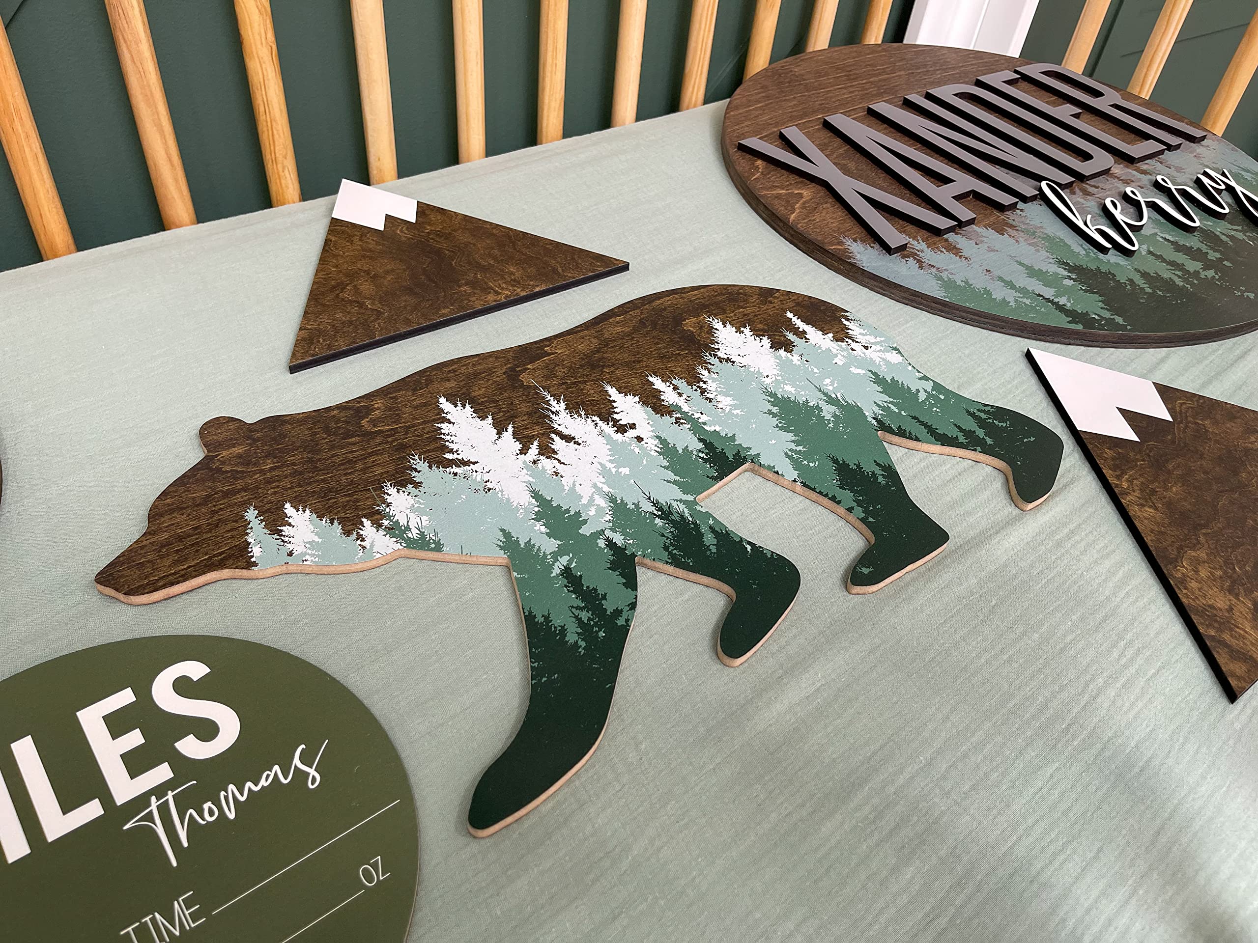 Forest Bear Wall Sign, Adventure Woodland Theme, Rustic Nursery Decor, Man Cave Home Bedroom Cabin Office House Art Decorations, Hickory Hollow Designs… (Dark Walnut/Green Pine Trees)