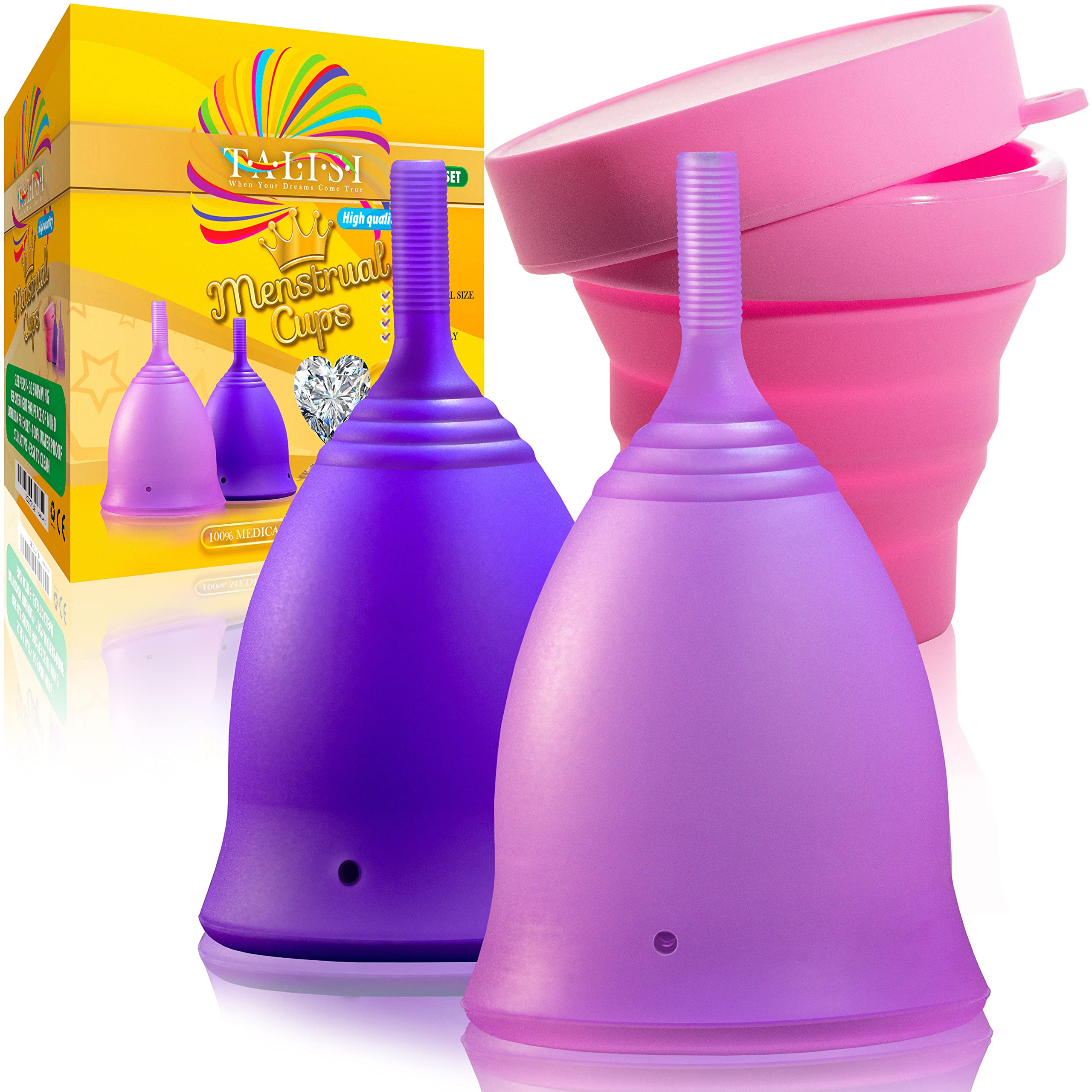 Photo 1 of Talisi Reusable Menstrual Cups - Set of 2 Period Cups for Women with Collapsible Sterilization Menstruation Cup for Beginners - Feminine Hygiene Alternative to Tampon and Pad - Regular and Heavy Flow