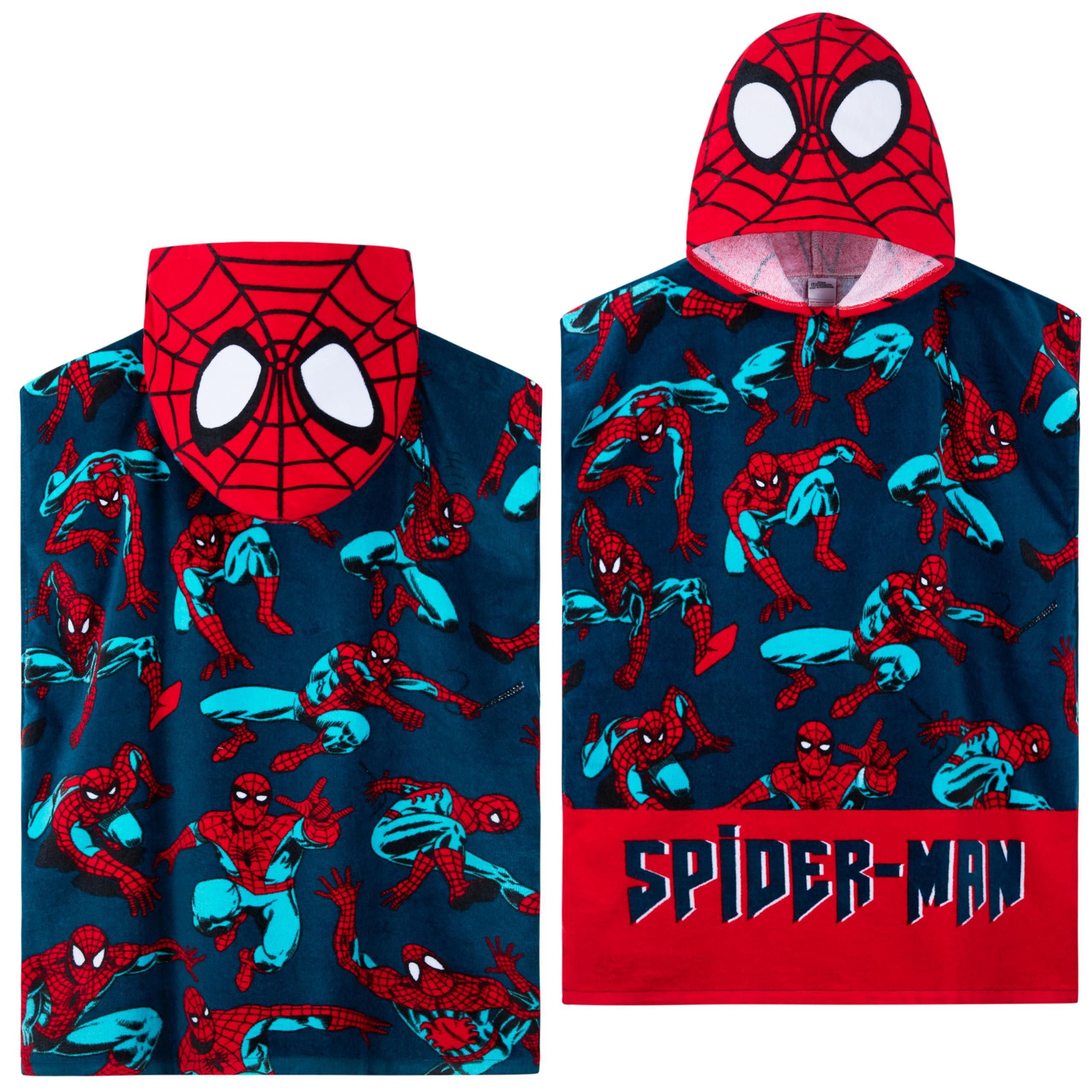 Marvel Spiderman Bath Towel with Hood for Kids Teenagers Absorbent Changing Robe Poncho Towel for Swimming Bath Shower Beach Towel Holiday Essentials (Red/Blue Spiderman, 10-13 Years)
