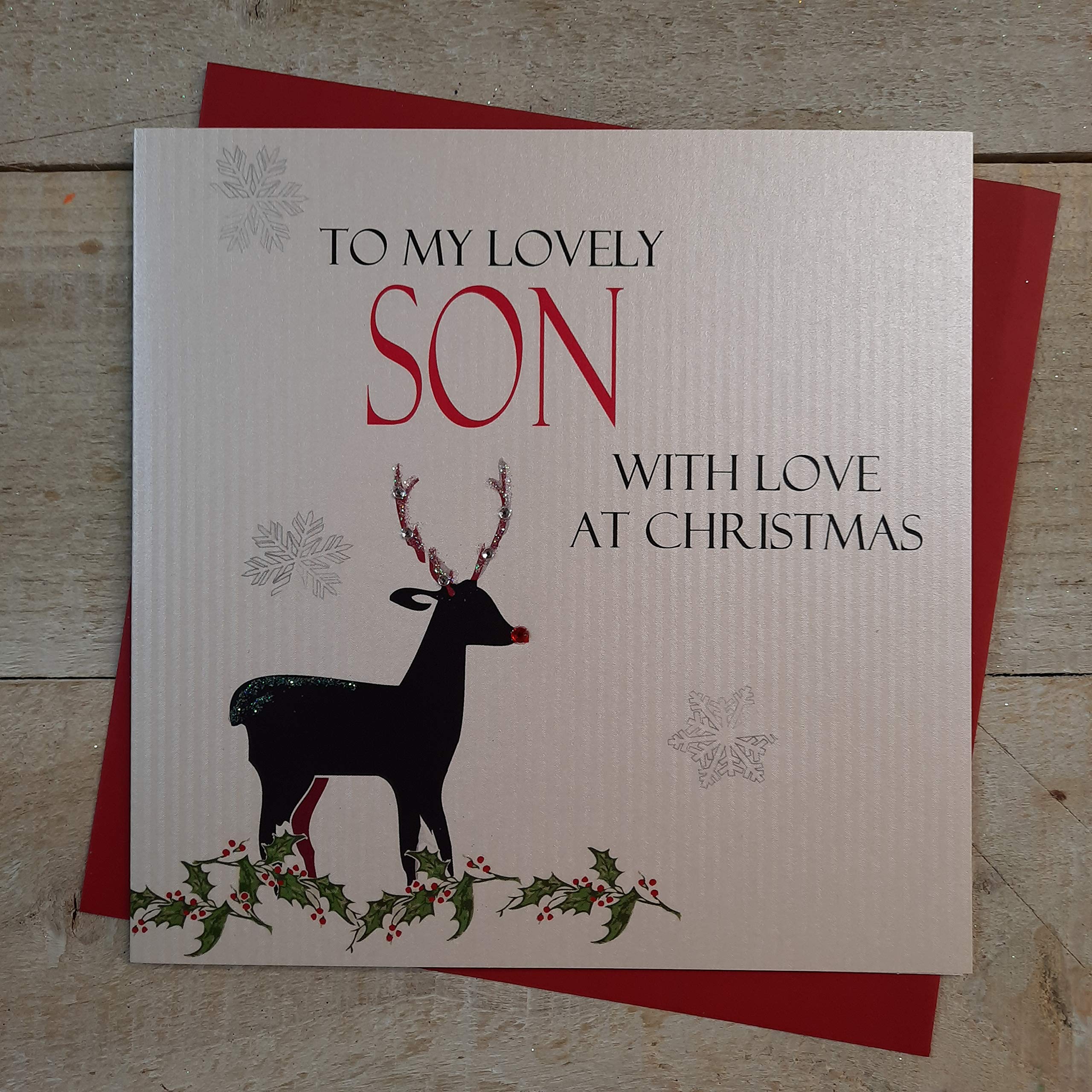 WHITE COTTON CARDS SON With Love, Handmade Christmas Card (Reindeer)