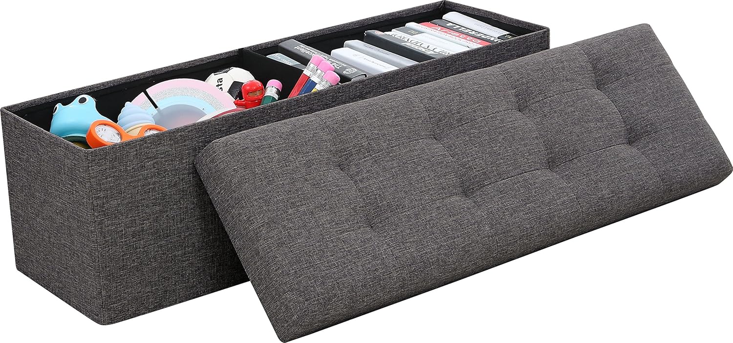Ornavo Home Foldable Tufted Linen Large Storage Ottoman Bench Foot Rest Stool/Seat - 15" x 45" x 15" (Charcoal): Kitchen & Dining