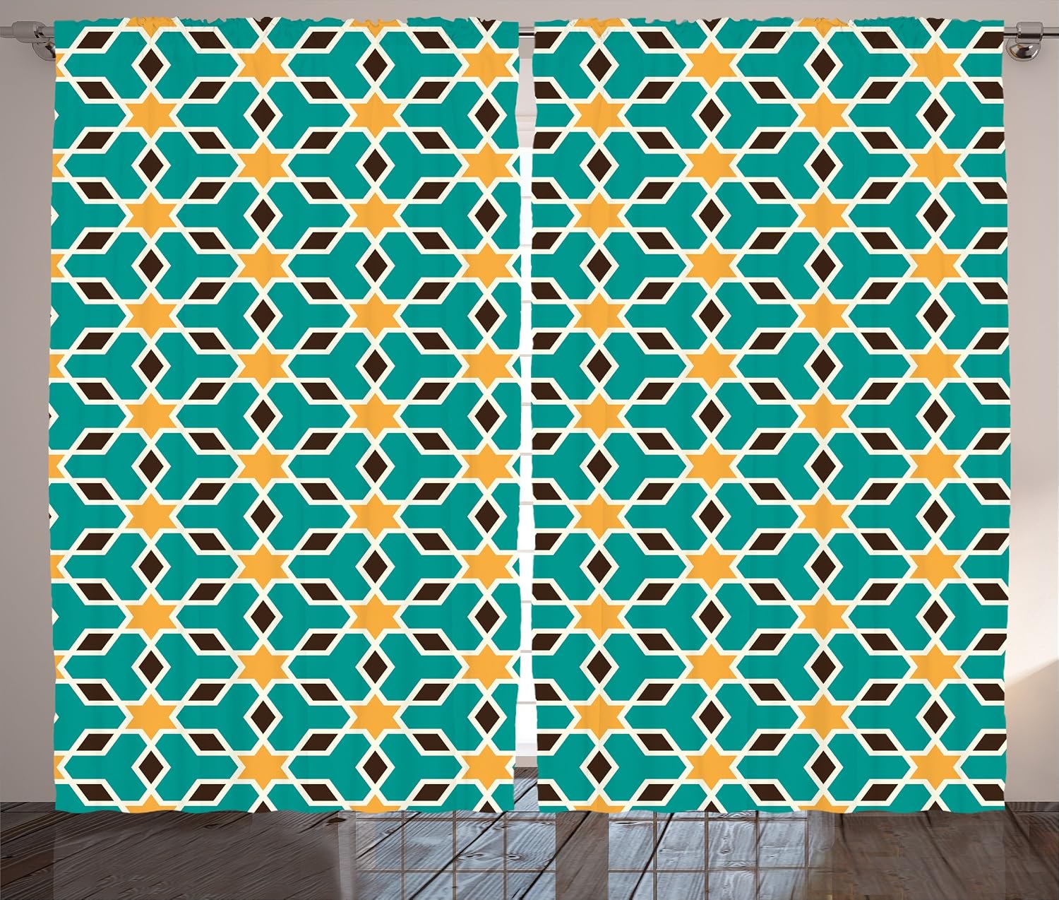 Amazon Com Ambesonne Orient Curtains Oriental Geometric Shapes Lines With Pastel Middle East Art Persian Living Room Bedroom Window Drapes 2 Panel Set 108 X 84 Teal Yellow Brown Home Kitchen
