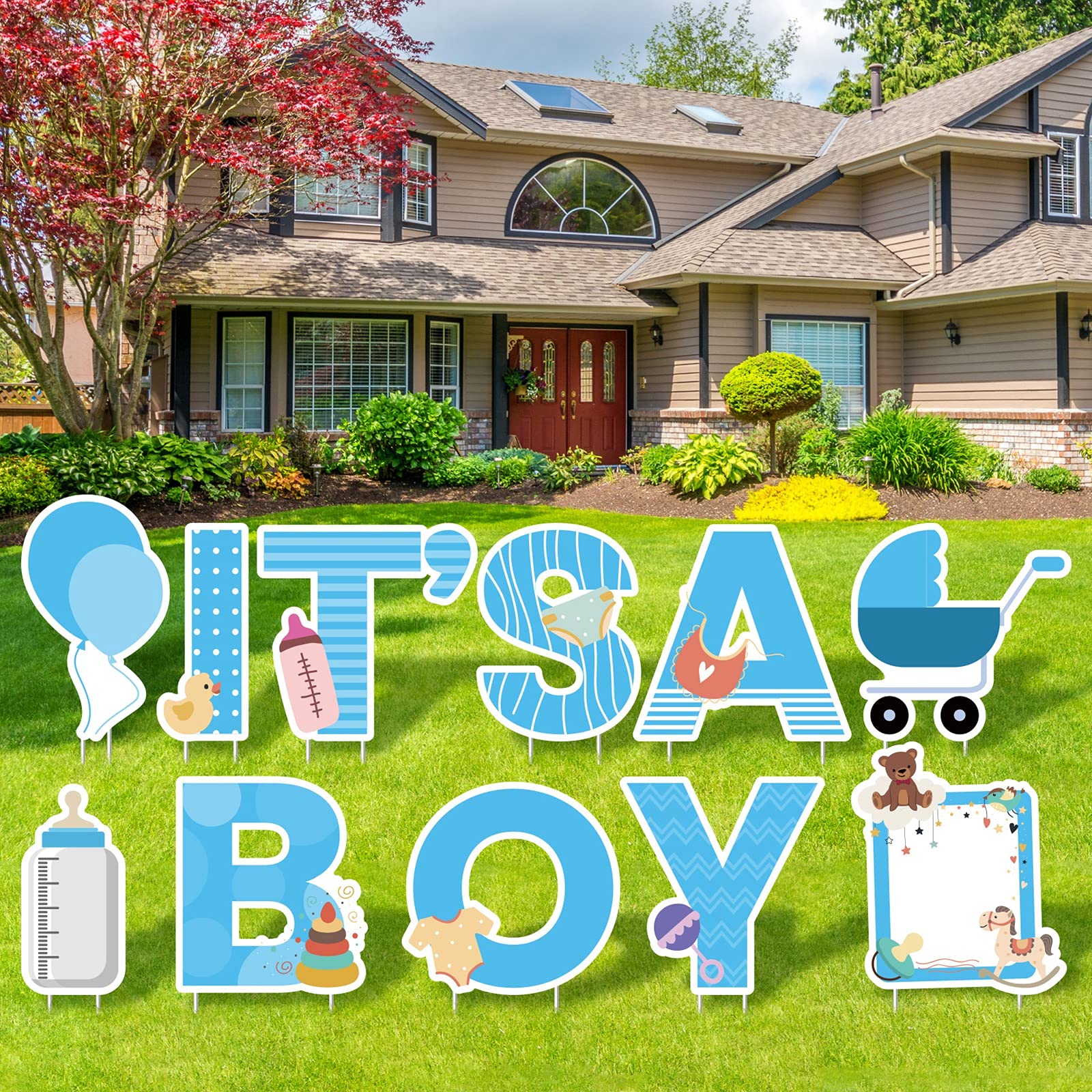 Photo 1 of Elcoho 11 Pieces IT’S A Boy Blue Yard Signs with Stakes Includes Letters, Ballon, Baby Bottle, Baby Pacifier Sign for Outdoor Decoration, Gender Reveal Baby Shower, Party Decoration