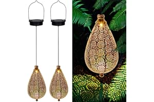 MAGGIFT 2 Pack Solar Hanging Lights, Solar Powered Decorative Retro Lantern with Handle, Warm White LED Christmas Garden Boho Flower Lights, Metal Drop Shape Waterproof Outdoor Yard Tree Fence Patio